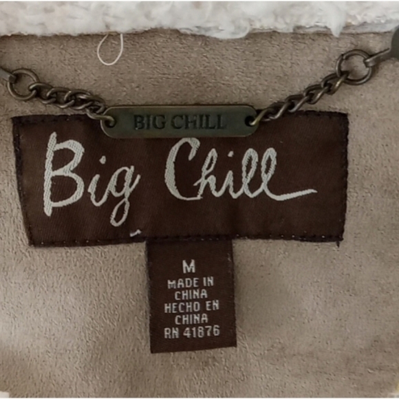 Big Chill Jacket Tan Faux Fur Shearling Raw Trim Button Front Pockets - Picture 11 of 13